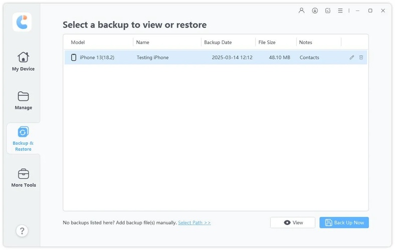 Icarefone Backup Records Tab Chosen