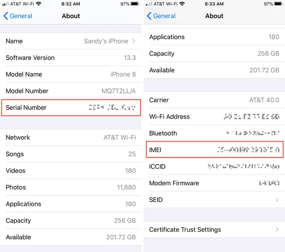 Imei and Serial in Iphone Settings