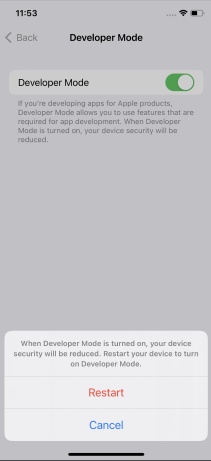 Toggle Developer Mode Switch on Iphone