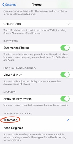 Iphone Settings for Automatic Photo Transfer