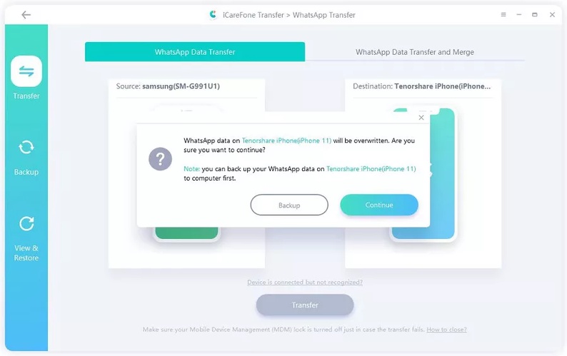Confirm Pop Up to Merge Whatsapp Backup