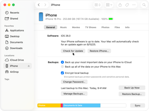 使用電腦 Finder 或 iTunes 點擊檢查更新項目來升級測試版系統